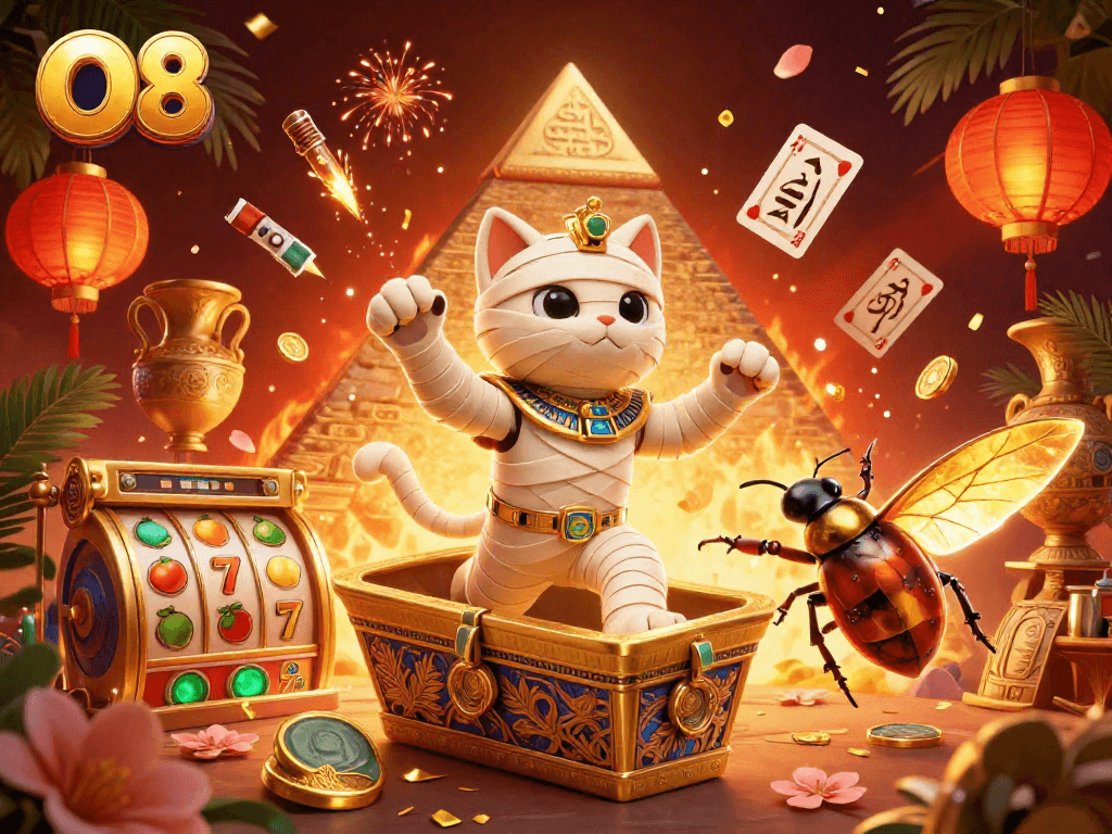 Experience thrilling gameplay with the O8 platform featuring a vibrant scene of a mummy cat and elements of fortune.