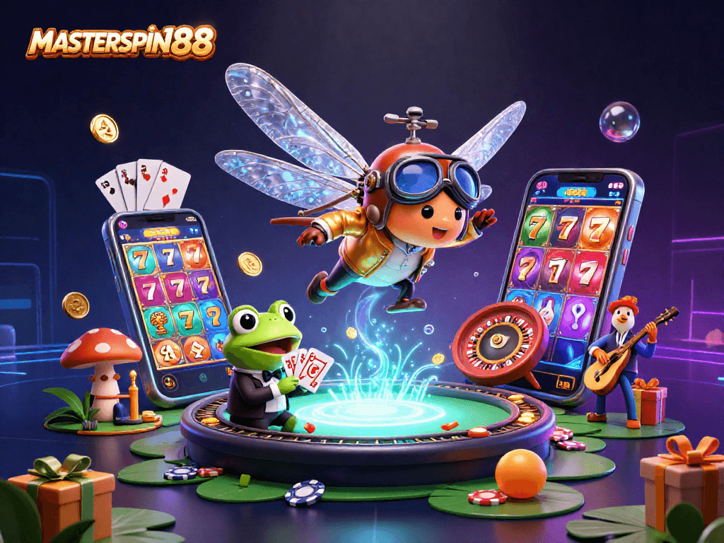 Engage with MASTERSPIN188's vibrant casino scene featuring a dragonfly pilot, frog croupier, and jazz crickets.