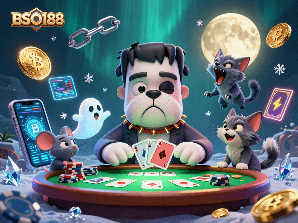 Engage with BSO188 as a Frankenstein bulldog deals cards amidst vibrant gambling elements in a 3D illustration.