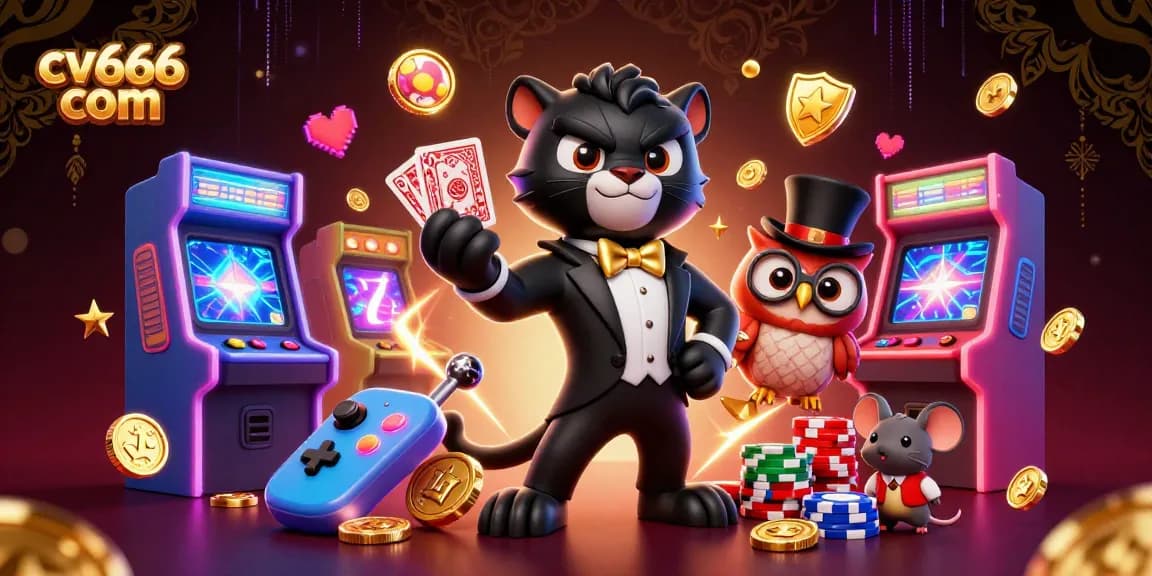 Play exciting games at cv666 com as a stylish black panther deals poker cards amidst vibrant casino elements.