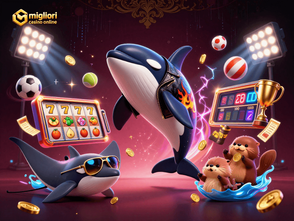 I migliori casino online presentano un'illustrazione 3D di un'orca, una razza e lontre con monete d'oro.