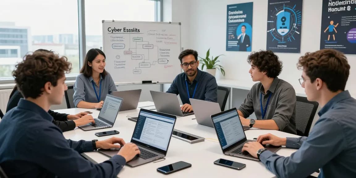Collaborative cybersecurity team discussing cyber essentials requirements in a modern office.