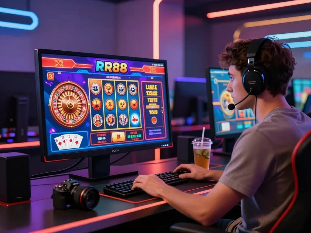 User engaging with RR88 online casino platform showcasing slot games and poker cards in a modern gaming setup.