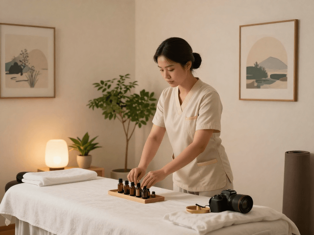 Experience 용산출장마사지 with a professional therapist in a calming wellness setting featuring soothing elements.