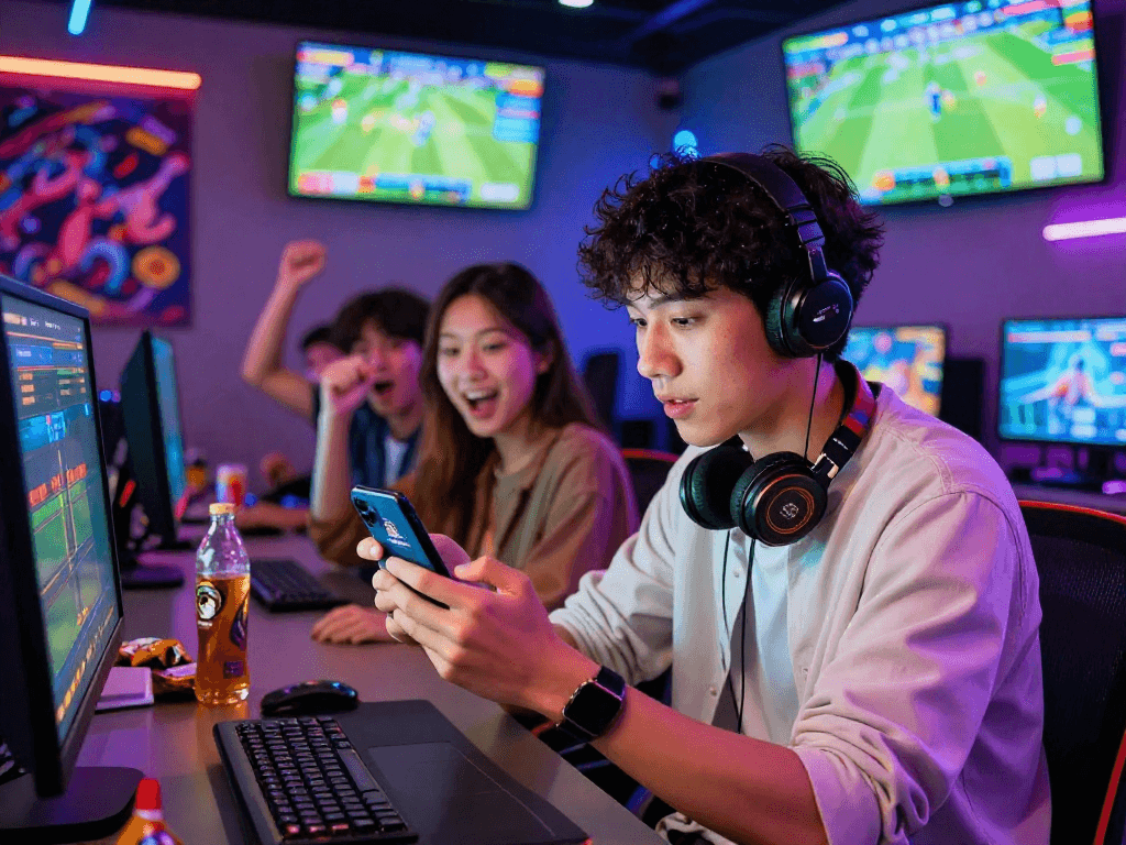 Exciting gaming atmosphere at http://oxbet-app.com featuring a player using a smartphone to engage in live betting with friends cheering beside him.