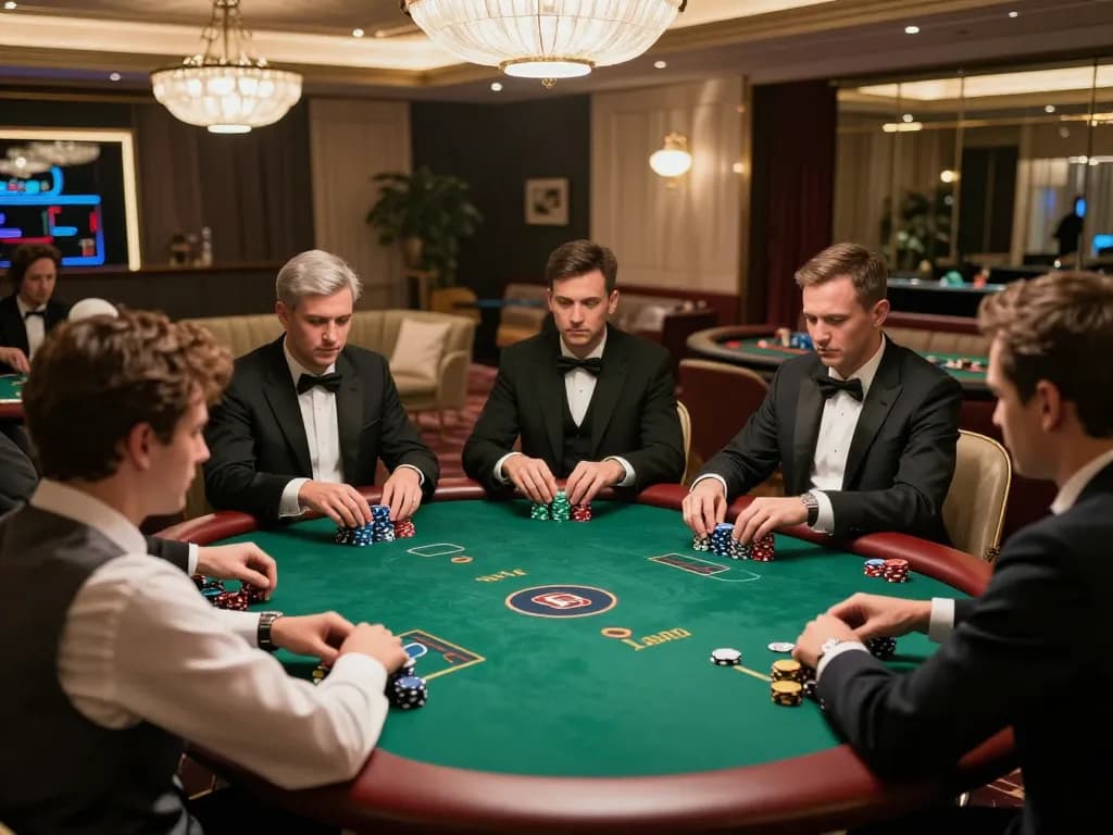 Players strategizing at a private MM88 poker table in a luxurious casino setting.