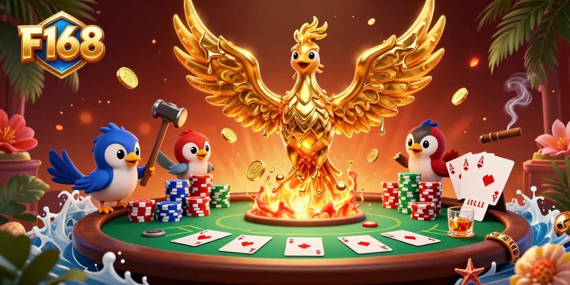 Experience thrilling action with F168 as a golden phoenix emerges in a vibrant gambling scene.