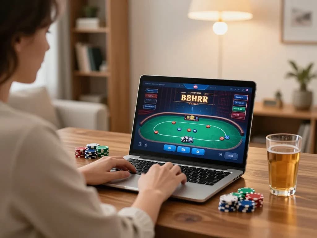 mm88 player enjoying online poker gaming on a laptop in a cozy home setting
