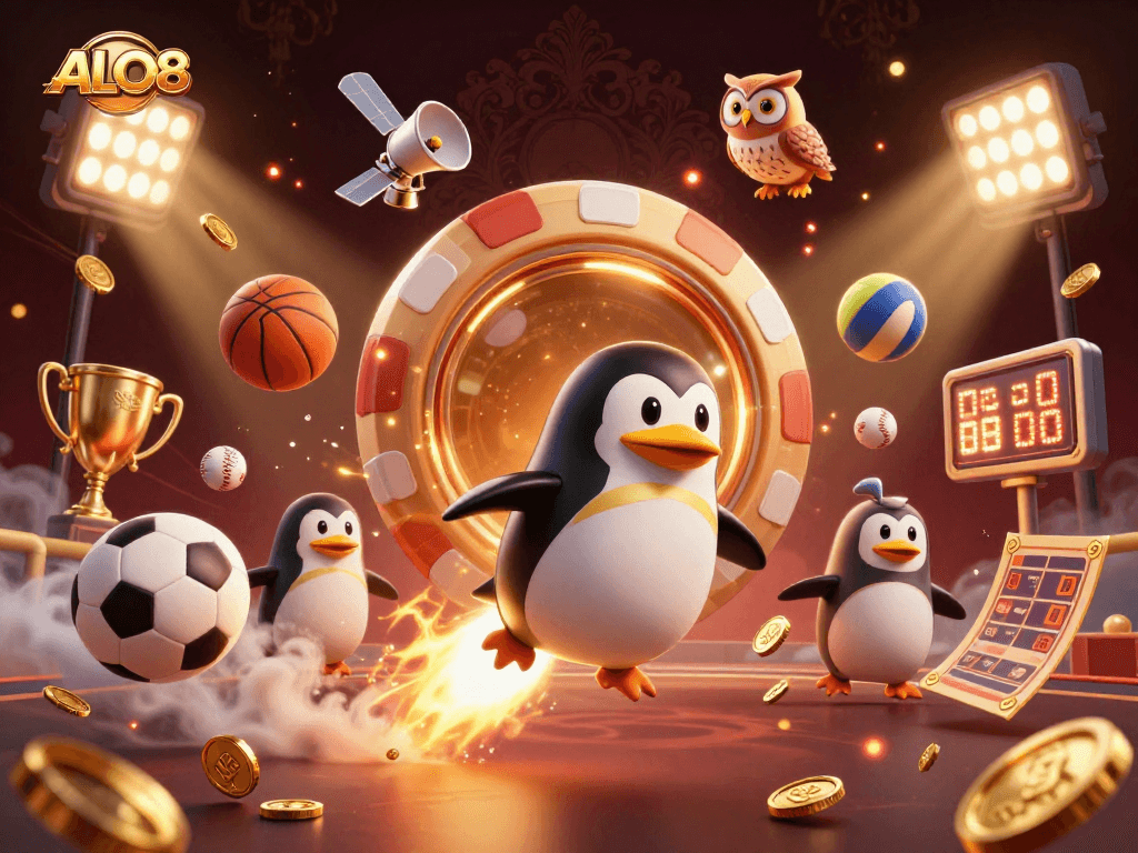 Experience ALO8's thrilling gaming adventures with animated characters, sports elements, and casino atmosphere.