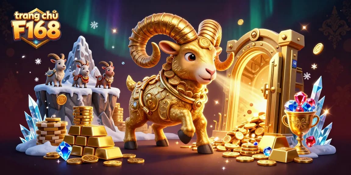 Experience the vibrant energy of trang chủ F168 with a golden ram at a treasure-filled casino scene.
