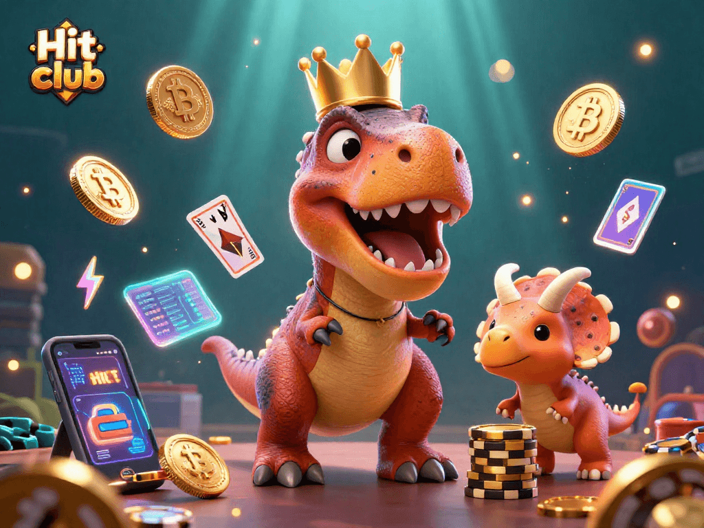 Hit club showcases a colorful 3D dinosaur casino scene with vibrant crypto elements.