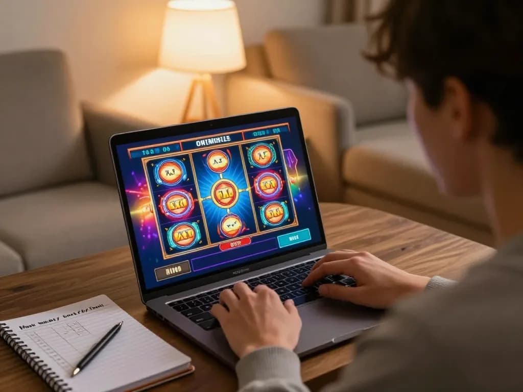 Người chơi 12bet thưởng thức một trò chơi slot trực tuyến trên laptop trong không gian nhà ấm cúng.