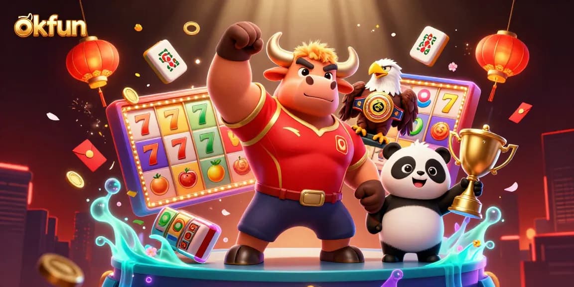 Experience the excitement of okfun with a vibrant casino-themed illustration featuring a mascot, eagle, and panda.
