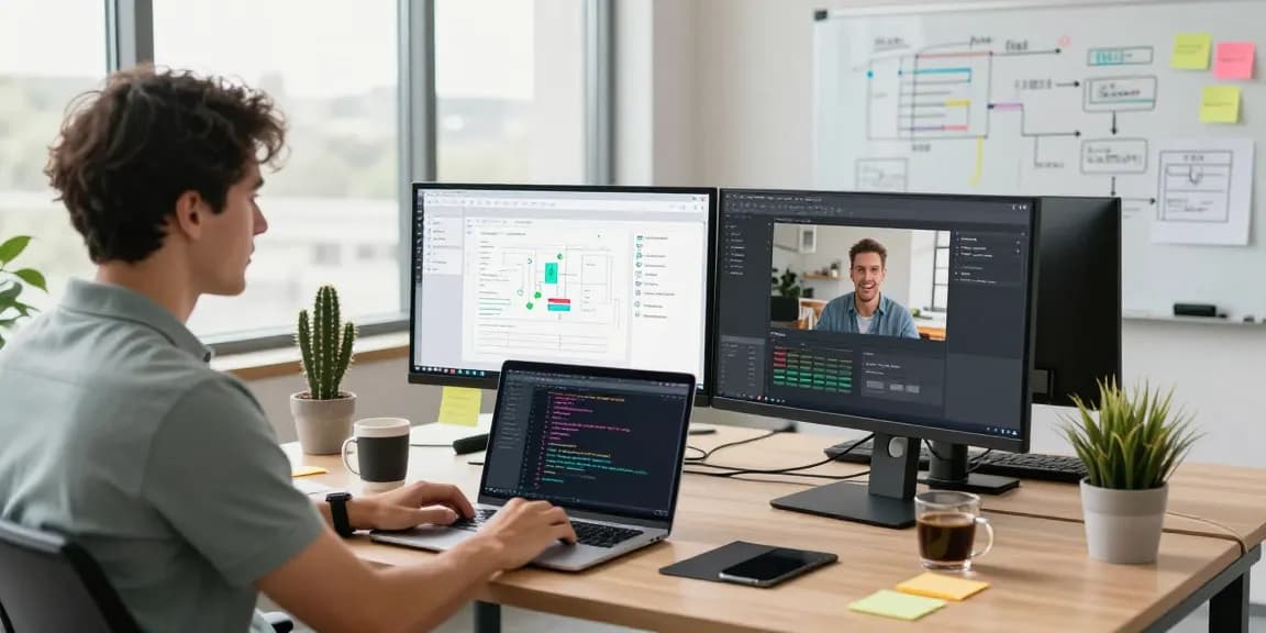 Build internal tools with AI in a modern workspace with a developer coding and collaboration tools.