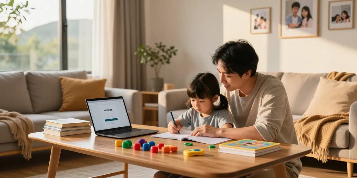 Parent helping child with homework at home, featuring rokok88 login on laptop, cozy and inviting atmosphere.