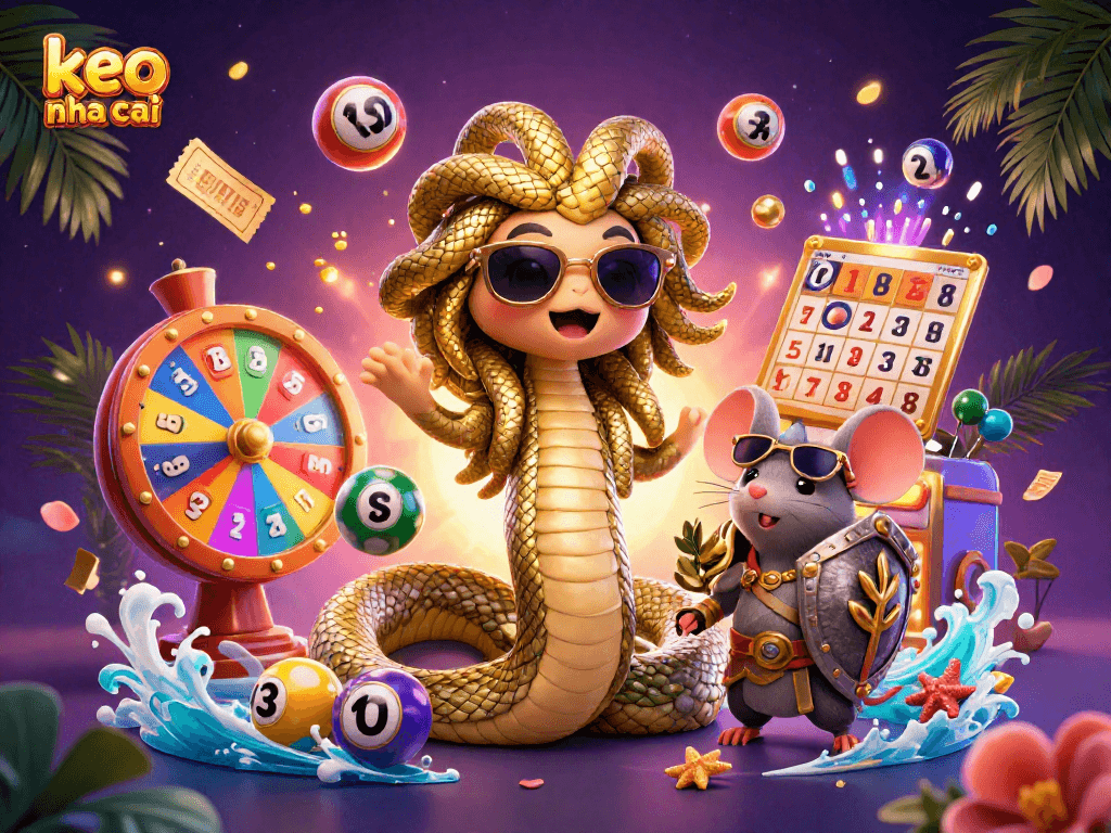 Engage with exciting games at keo nha cai, featuring colorful lottery balls and a friendly Medusa.