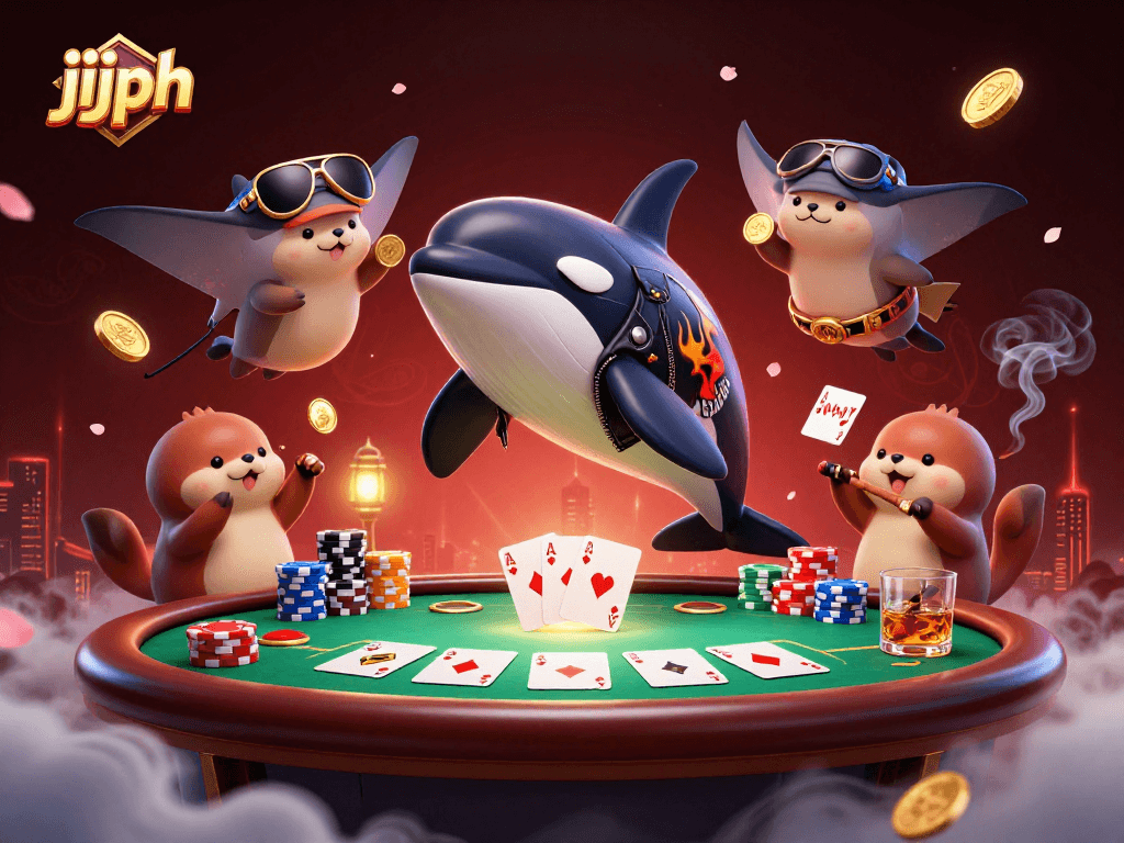Win big with jjjph at a vibrant 3D casino scene filled with characters and poker elements.