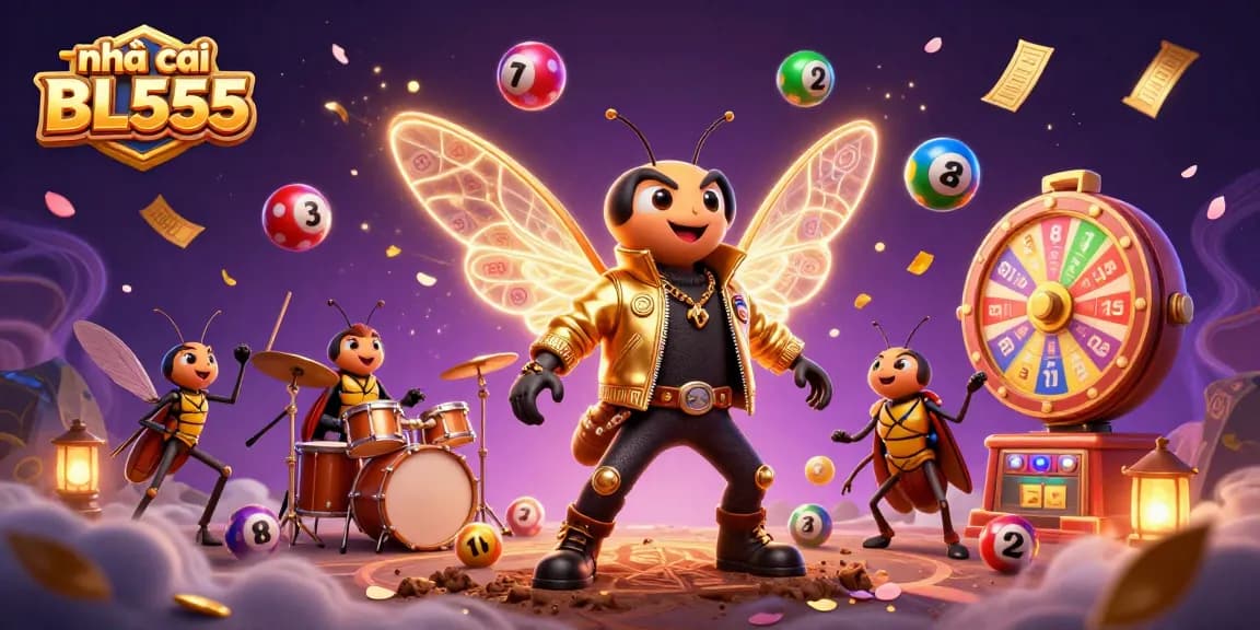 A vibrant 3D scene featuring the nhà cái BL555 logo with a rock star cicada, dynamic lottery elements, and golden confetti.