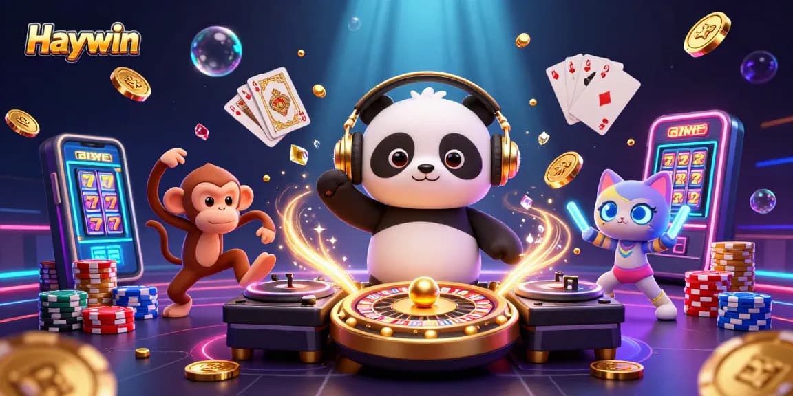 Engage in the excitement at Haywin with 3D characters illustrated in a vibrant casino scene featuring coins and gems.