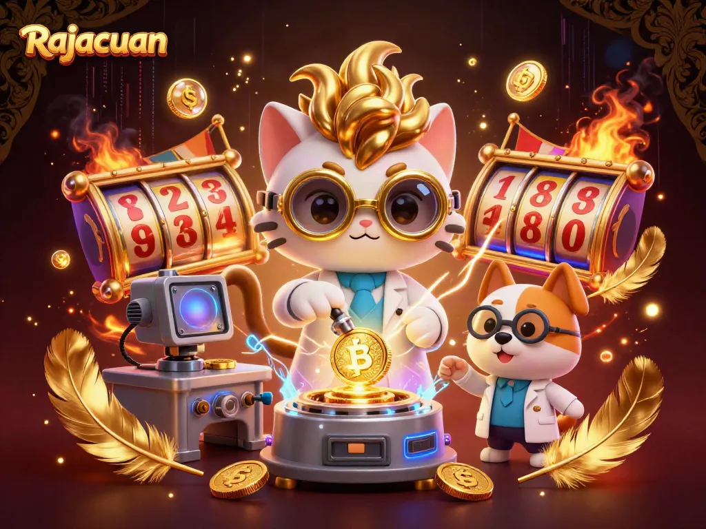 Experience Rajacuan through a 3D illustration of a mad scientist cat and dog creating gold coins in a dynamic casino scene.