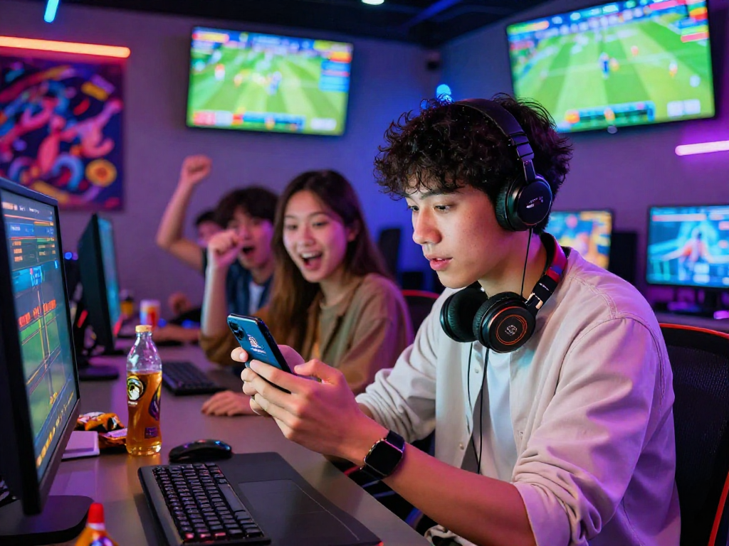 Exciting gaming atmosphere at http://oxbet-app.com featuring a player using a smartphone to engage in live betting with friends cheering beside him.