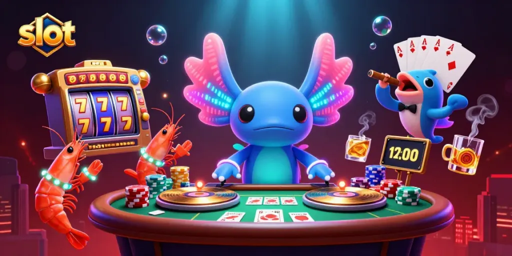 Spin lucky slot reels with an axolotl DJ in a vibrant underwater casino scene