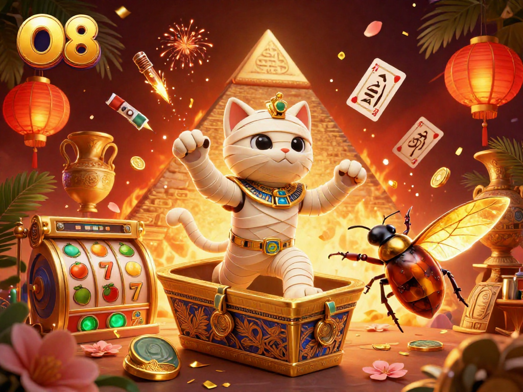 Experience thrilling gameplay with the O8 platform featuring a vibrant scene of a mummy cat and elements of fortune.