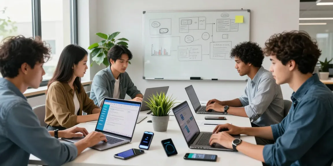 Dynamic tech team discussing Telegram下载 innovation in a modern workspace.