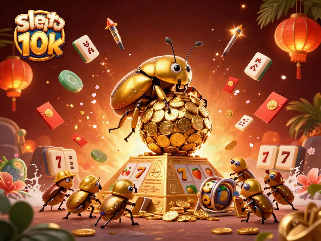 Experience thrilling wins with slot depo 10k featuring a golden beetle, vibrant symbols, and captivating casino elements.
