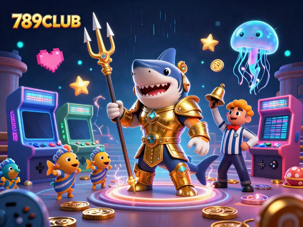 Experience the thrilling underwater world of 789CLUB gaming with a shark warrior and arcade excitement.