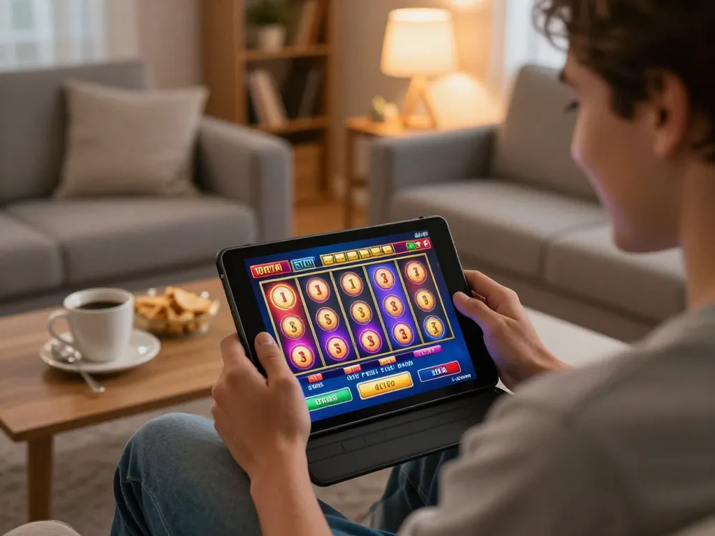Sitting on a sofa, a player enjoys SLOT games on a tablet in a cozy living room.
