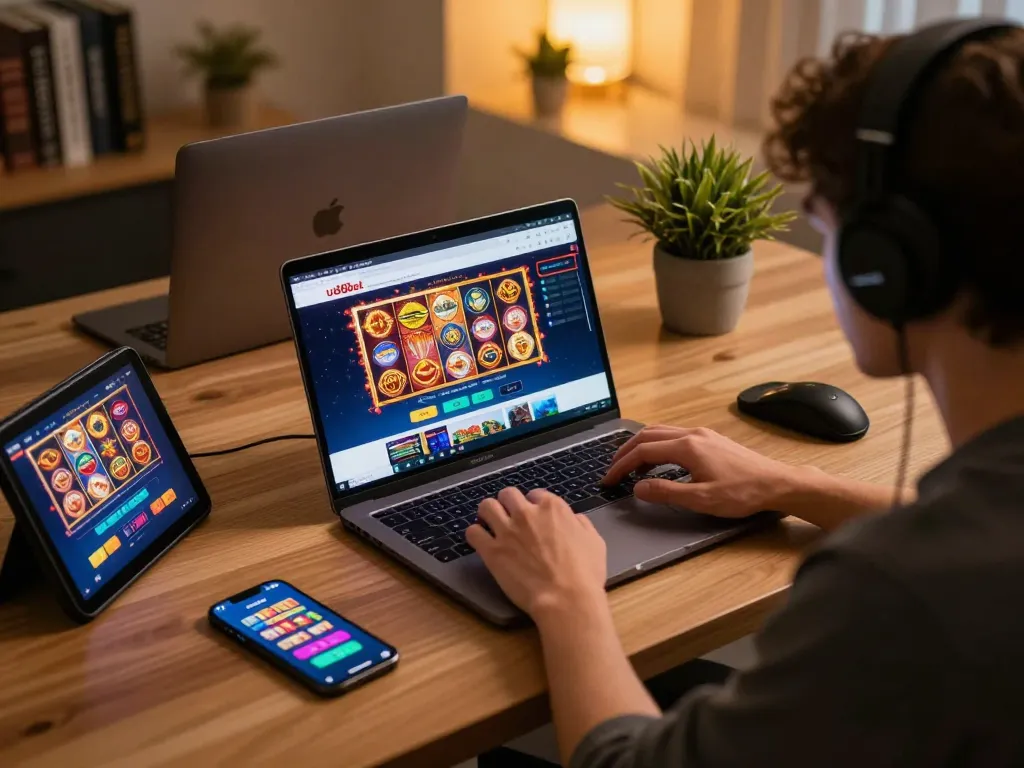Player engaged in online uu88bet gaming at a stylish home setup with laptop and smartphone.