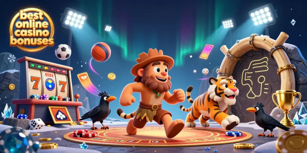 Experience the excitement of the best online casino bonuses with a dynamic 3D cartoon scene featuring playful characters and casino elements.