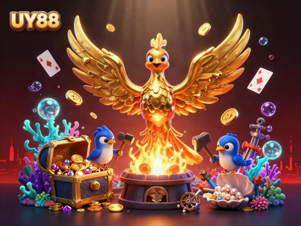 Experience exhilarating wins with UY88 at this vibrant casino scene featuring golden phoenix and treasures.