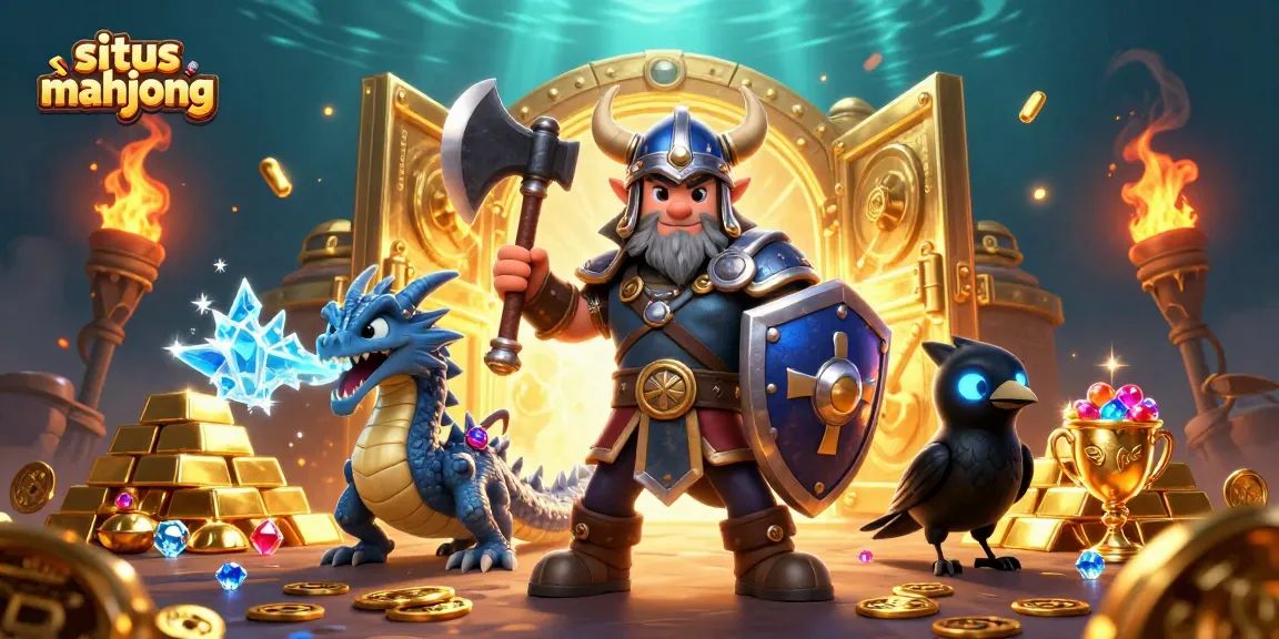 Experience situs mahjong excitement with a Viking warrior and magical elements in this vibrant 3D scene.