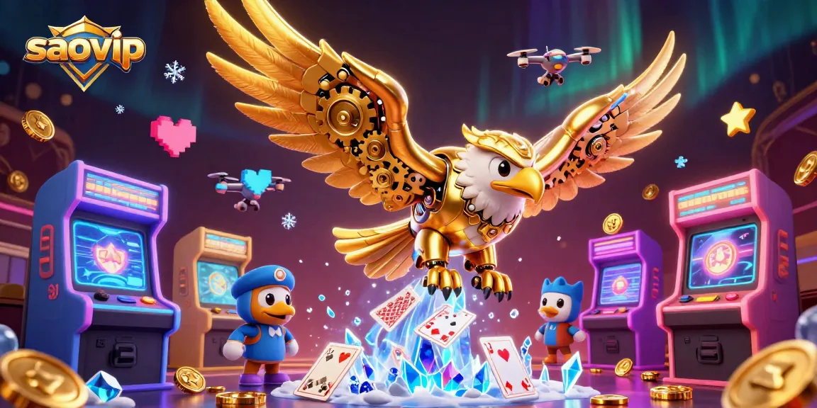 Experience thrilling gameplay with saovip's stunning 3D casino world featuring a golden eagle and holographic cards.