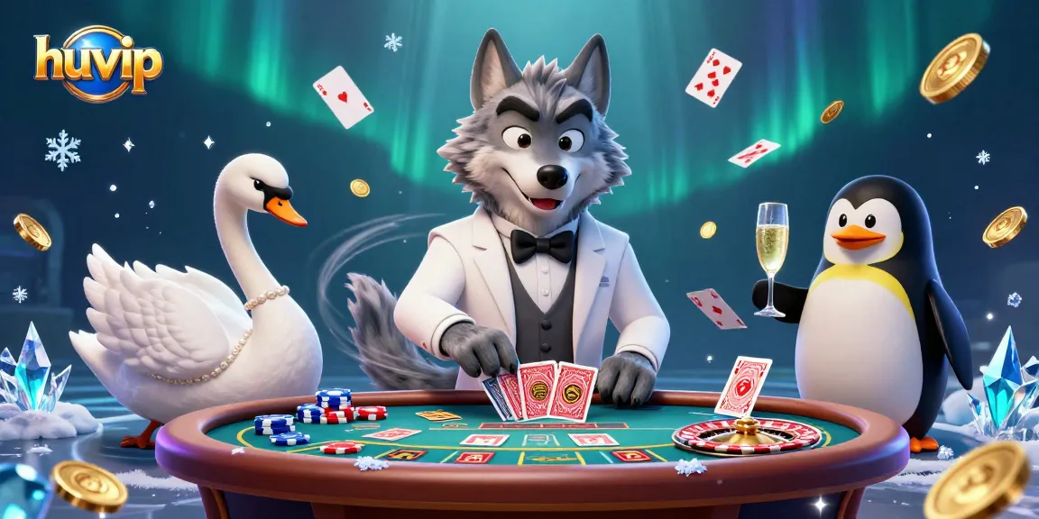 Experience the excitement at huvip's baccarat table with a charming wolf, elegant swan, and sophisticated penguin.