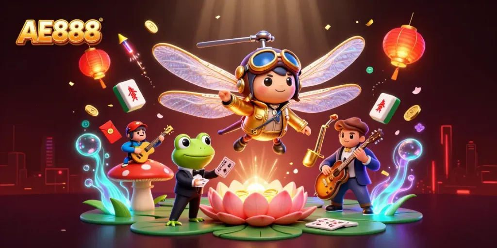 Experience the excitement of AE888 with a lively dragonfly pilot, frog croupier, and vibrant casino elements.