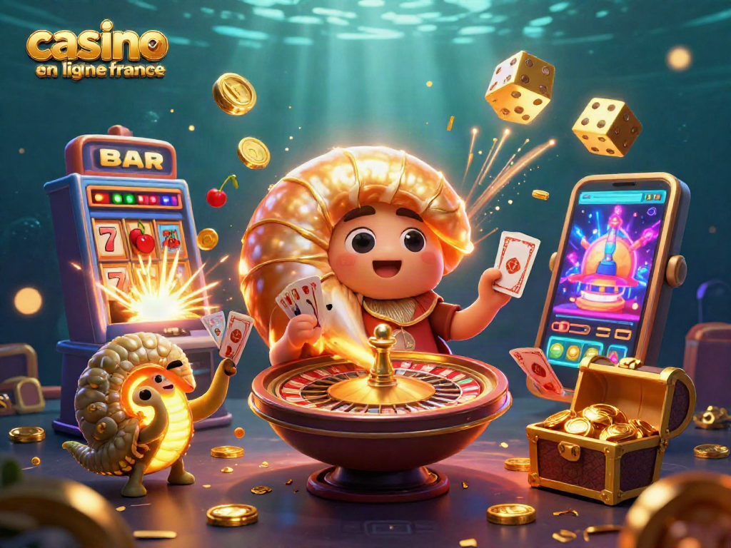 Explorez le casino en ligne france avec un nautilus géant, des machines à sous et des cartes à jouer dans une illustration 3D vibrante.