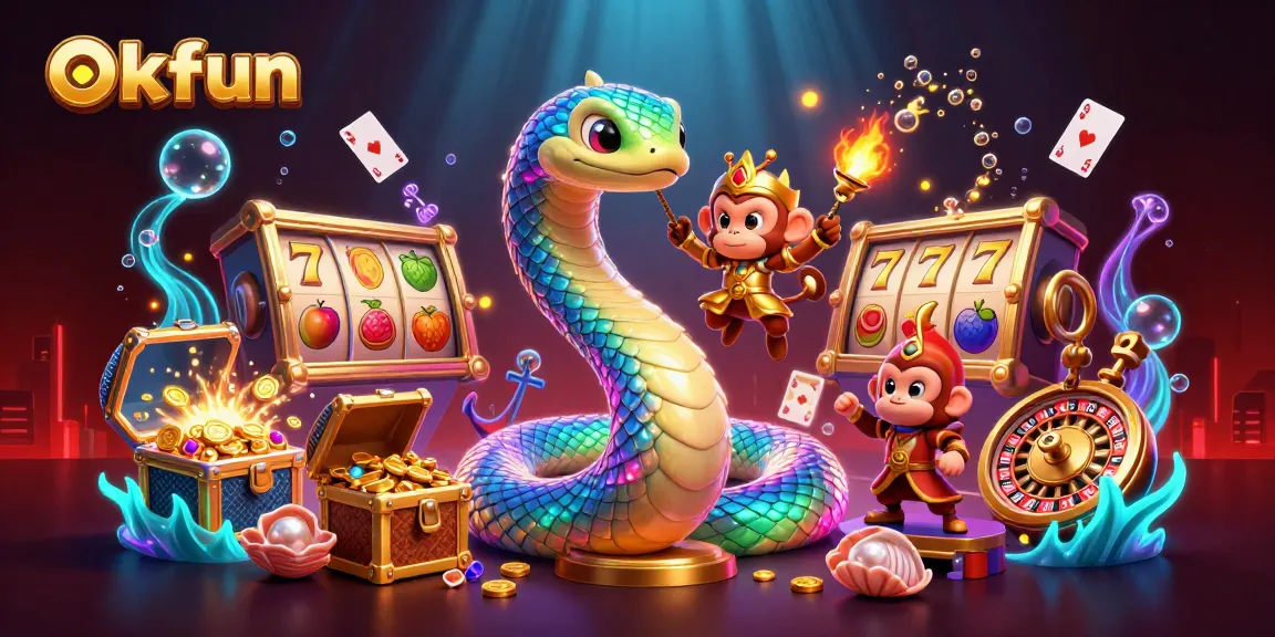 Experience excitement with okfun as the rainbow serpent and monkey king create a vibrant casino atmosphere.