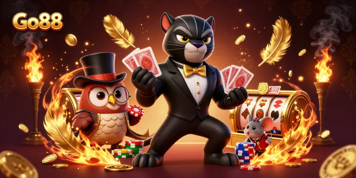 Go88 players engage in thrilling gaming with a stylish panther dealer, owl, and lucky mouse amid vibrant casino elements.