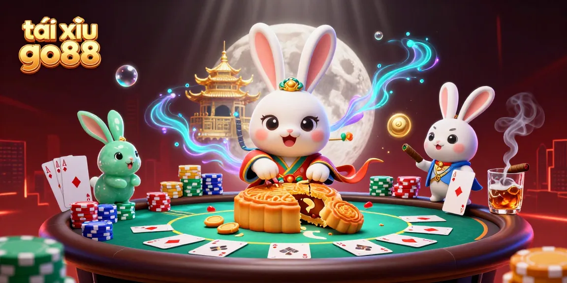 Experience the thrill of tài xỉu go88 with a whimsical moon rabbit scene revealing poker chips.