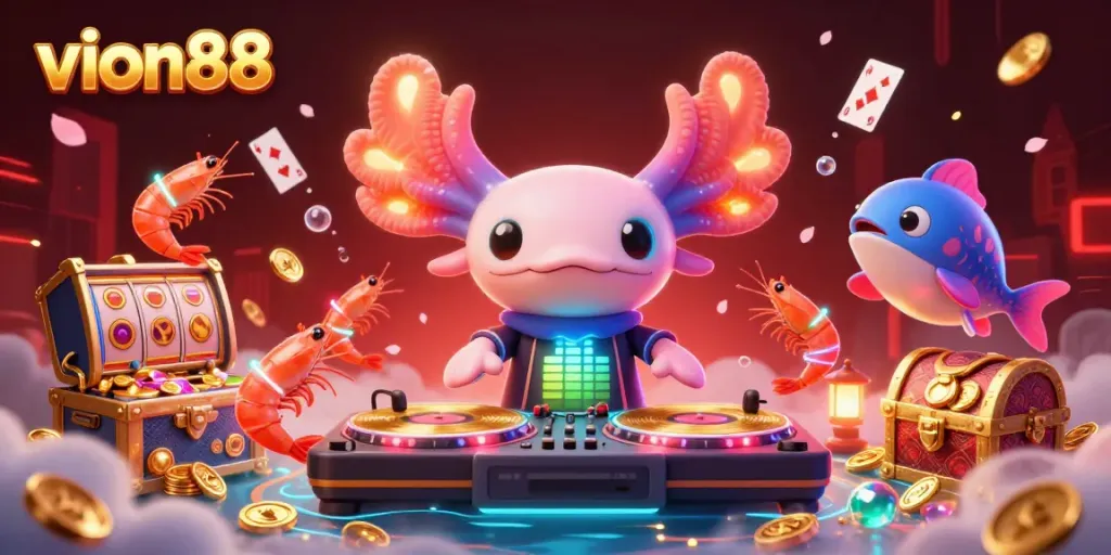 Experience thrilling play with vion88, showcasing lively underwater casino fun with vibrant characters.
