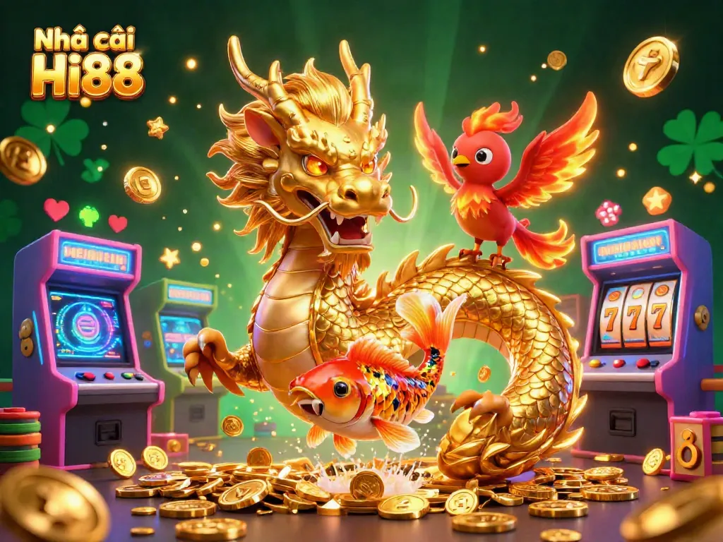 Engaging scene of Nhà cái Hi88 showcasing a vibrant 3D dragon, phoenix, and koi fish, highlighting dynamic casino elements.