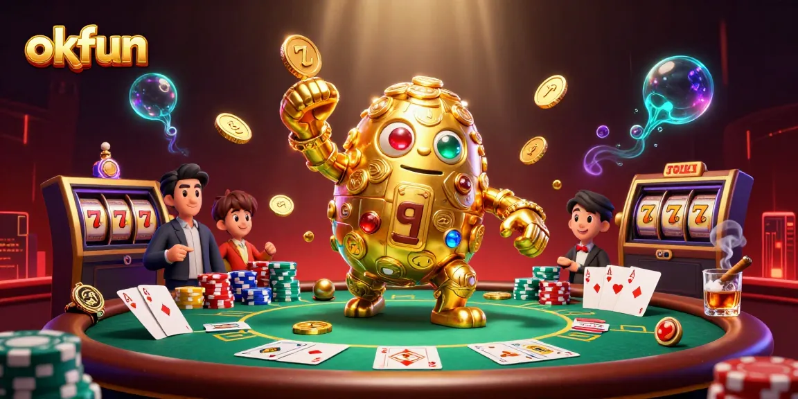 Engage with OKFUN's vibrant casino scene featuring superb slot elements and a golden golem