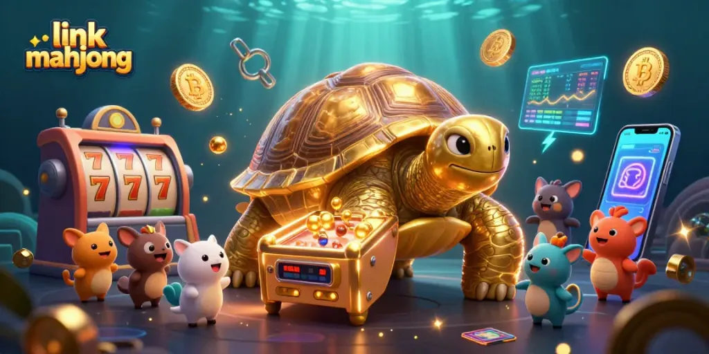 Spin to win with link mahjong; featuring the colorful tortoise pinball and vibrant neon elements.