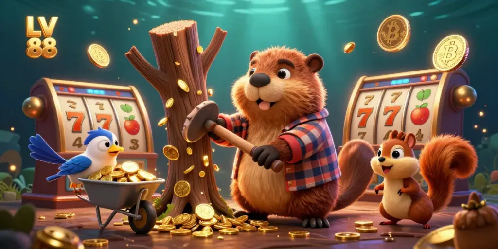 Experience thrilling wins at LV 88 online casino with engaging elements like slot reels and golden coins.