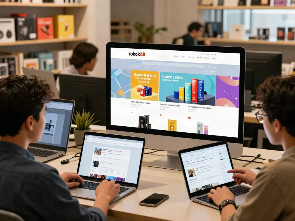Showcasing rokok88 link in a vibrant online shopping scene with diverse customers engaged.