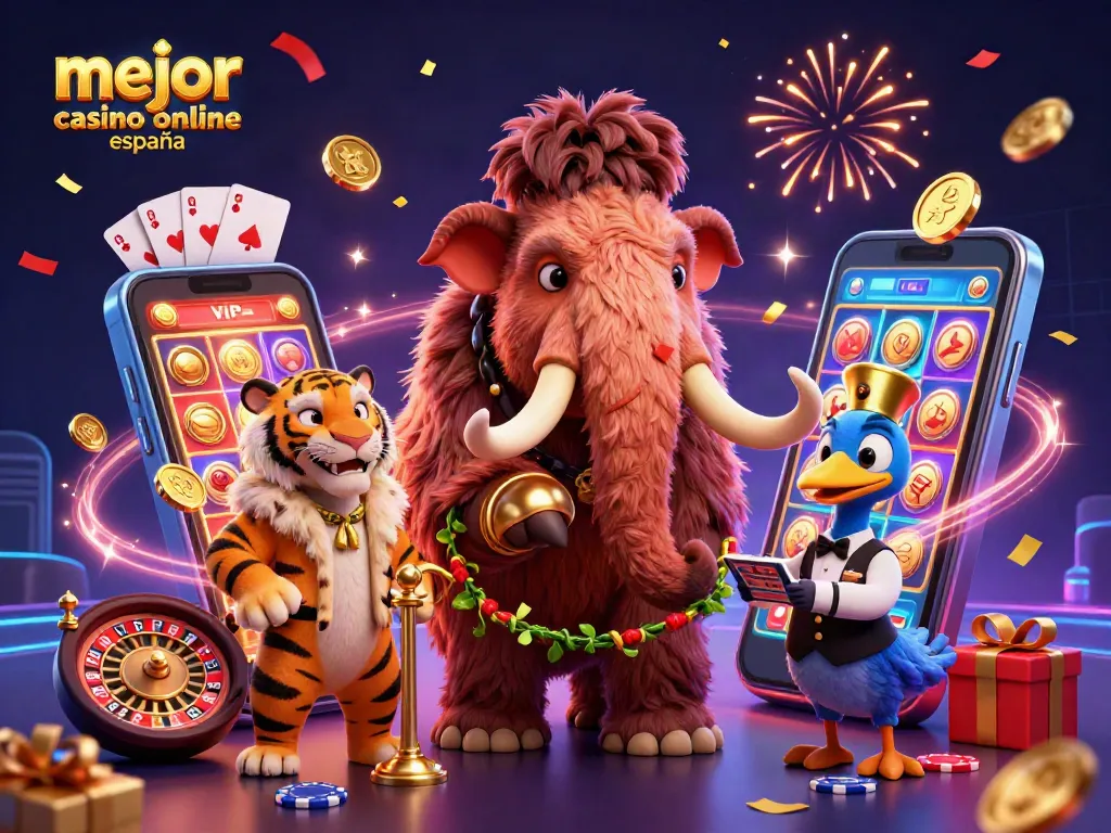 Mejor casino online España con un bouncer mamut, un invitado tigre y un portero dodo en un ambiente festivo.