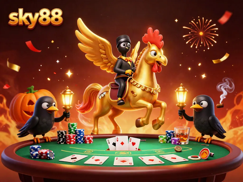 Experience thrilling games at Sky88, featuring dynamic casino characters in detailed action.